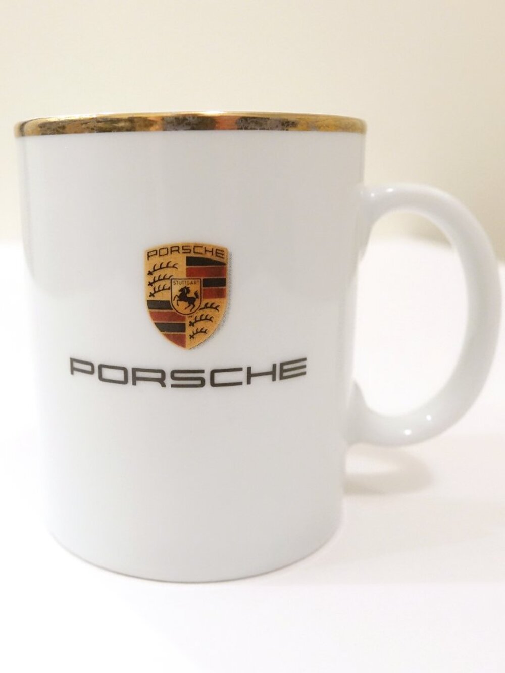 Porsche Crest Logo White Coffee Tea Cup Mug Gold Trim Made in Germany